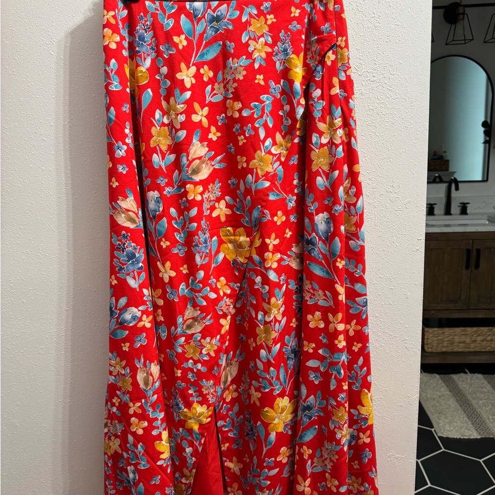 Lulu's Orange Red Maxi A-Line Skirt with Slit